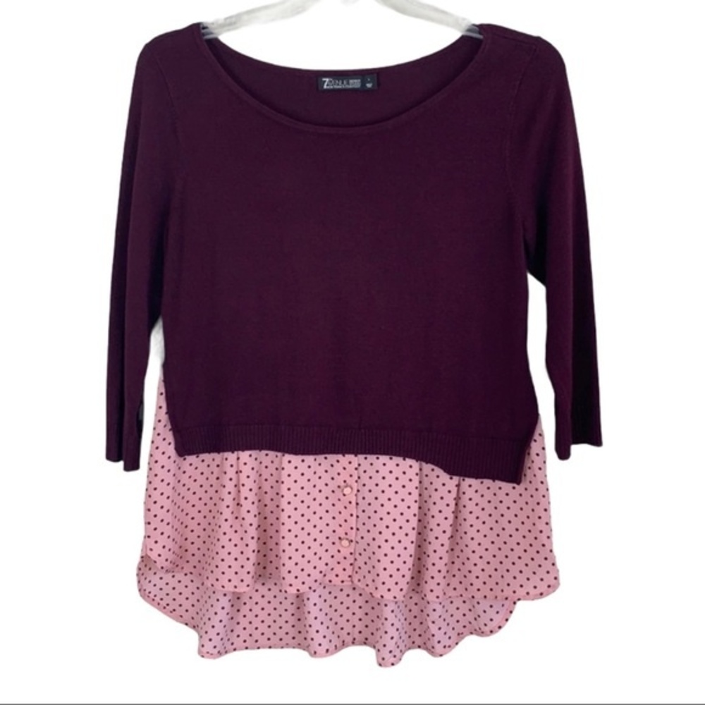 New York & Company Two shades Purple Polka Dot 3/4 Sleeves Women's Top Size L